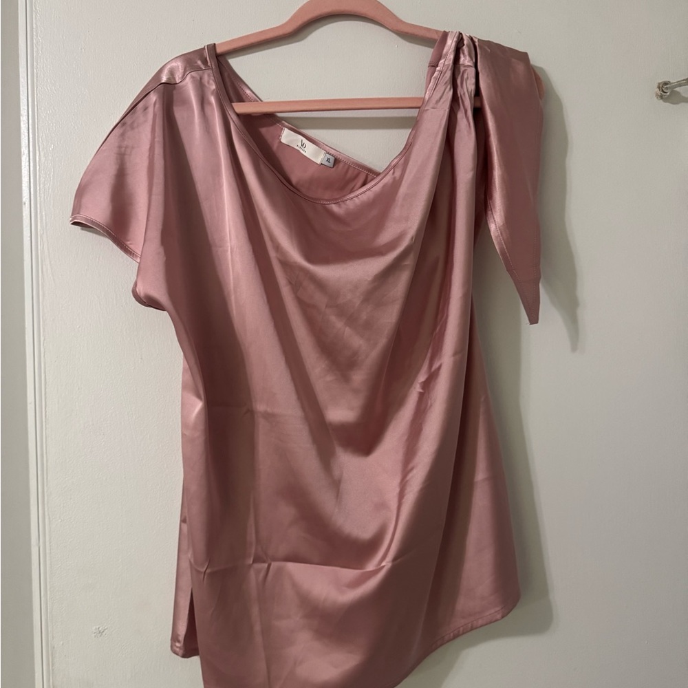 Dusty Rose Satin One-Shoulder Tie Blouse